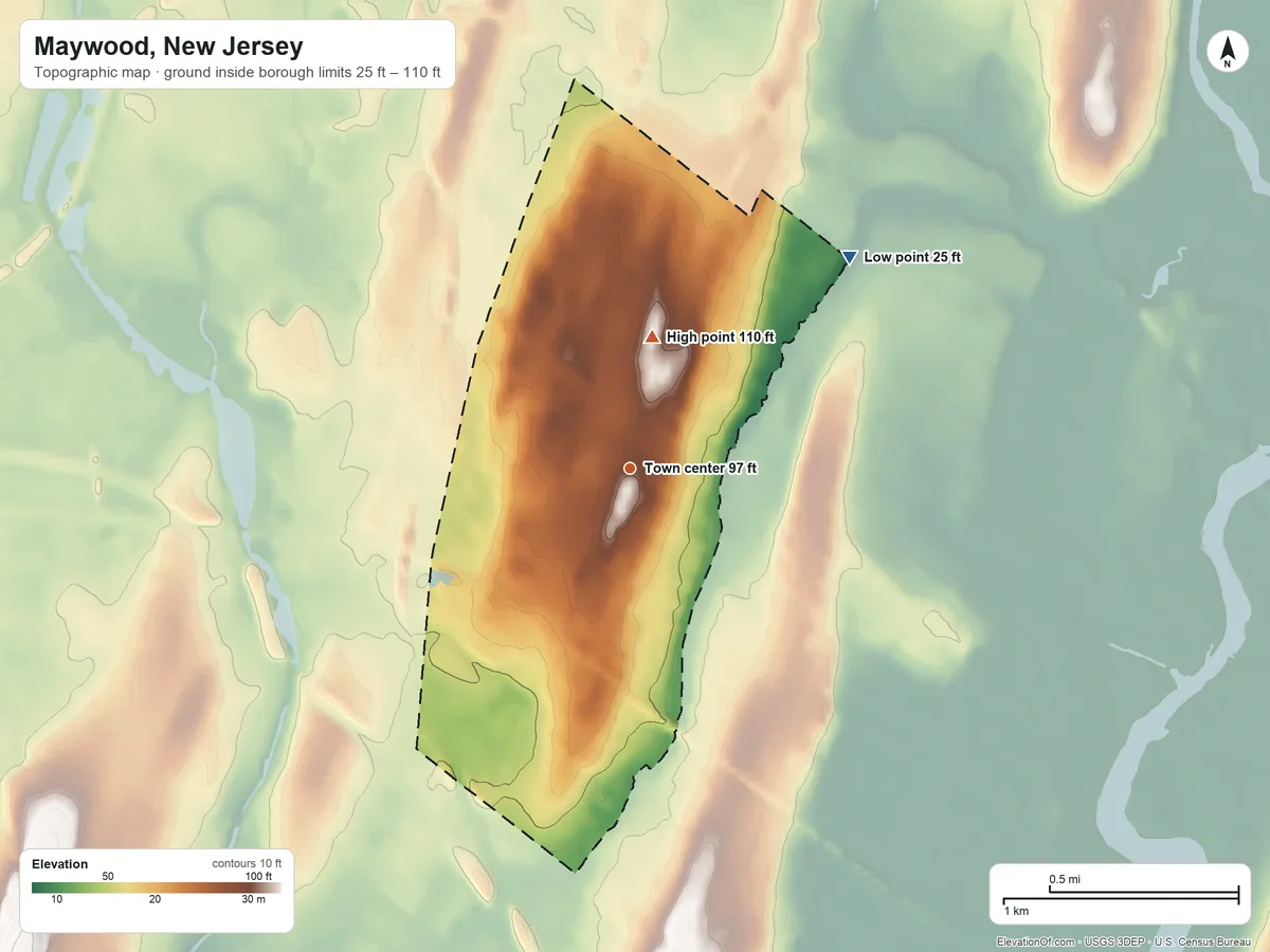 Topographic elevation map of Maywood, New Jersey, shaded from 25 ft on the northeast side to 110 ft on the north side