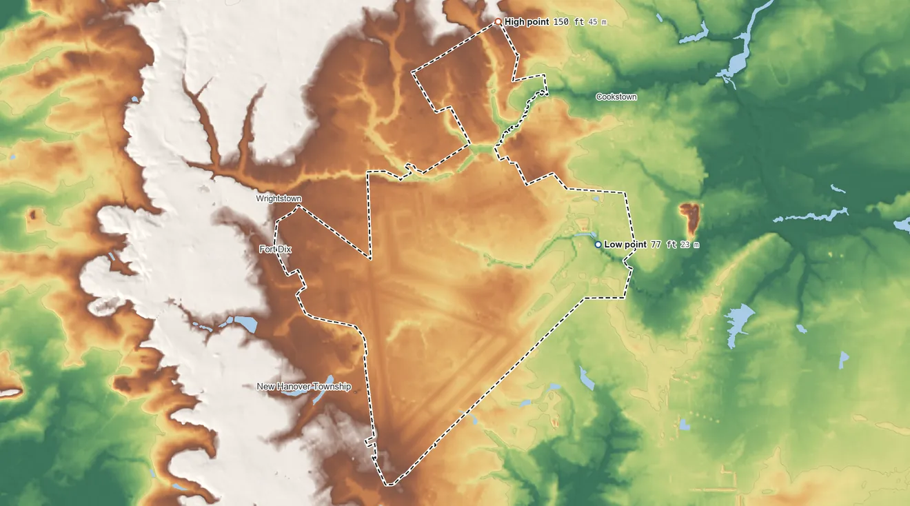 Topographic elevation map of McGuire AFB, New Jersey, shaded from 77 ft on the southeast side to 150 ft on the north side