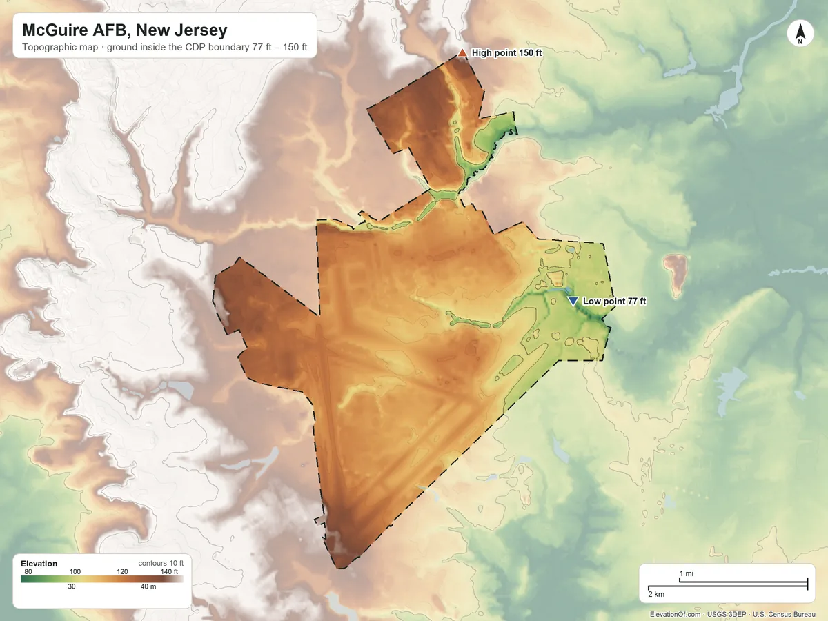 Topographic elevation map of McGuire AFB, New Jersey, shaded from 77 ft on the southeast side to 150 ft on the north side