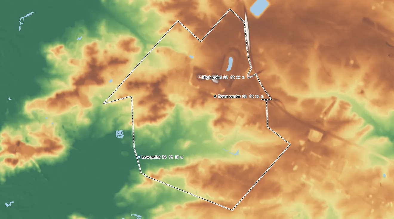 Topographic elevation map of McKee City, New Jersey, shaded from 34 ft on the southwest side to 88 ft near the middle