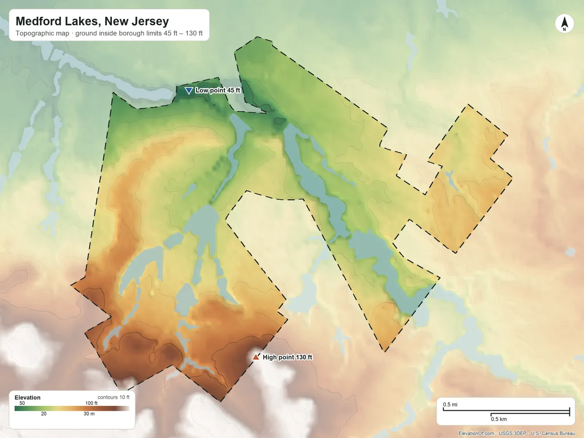 Topographic elevation map of Medford Lakes, New Jersey, shaded from 45 ft on the north side to 130 ft on the south side