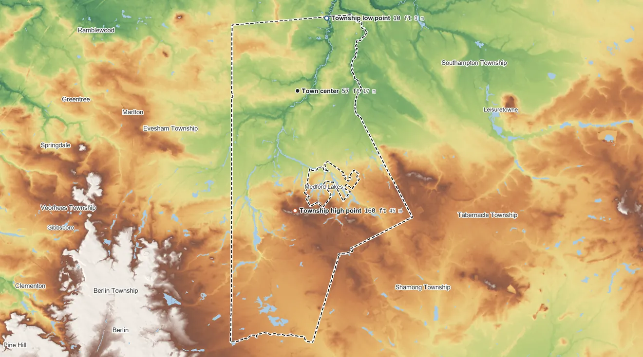 Topographic elevation map of Medford Township, New Jersey, shaded from 10 ft on the north side to 160 ft on Jackson Hill