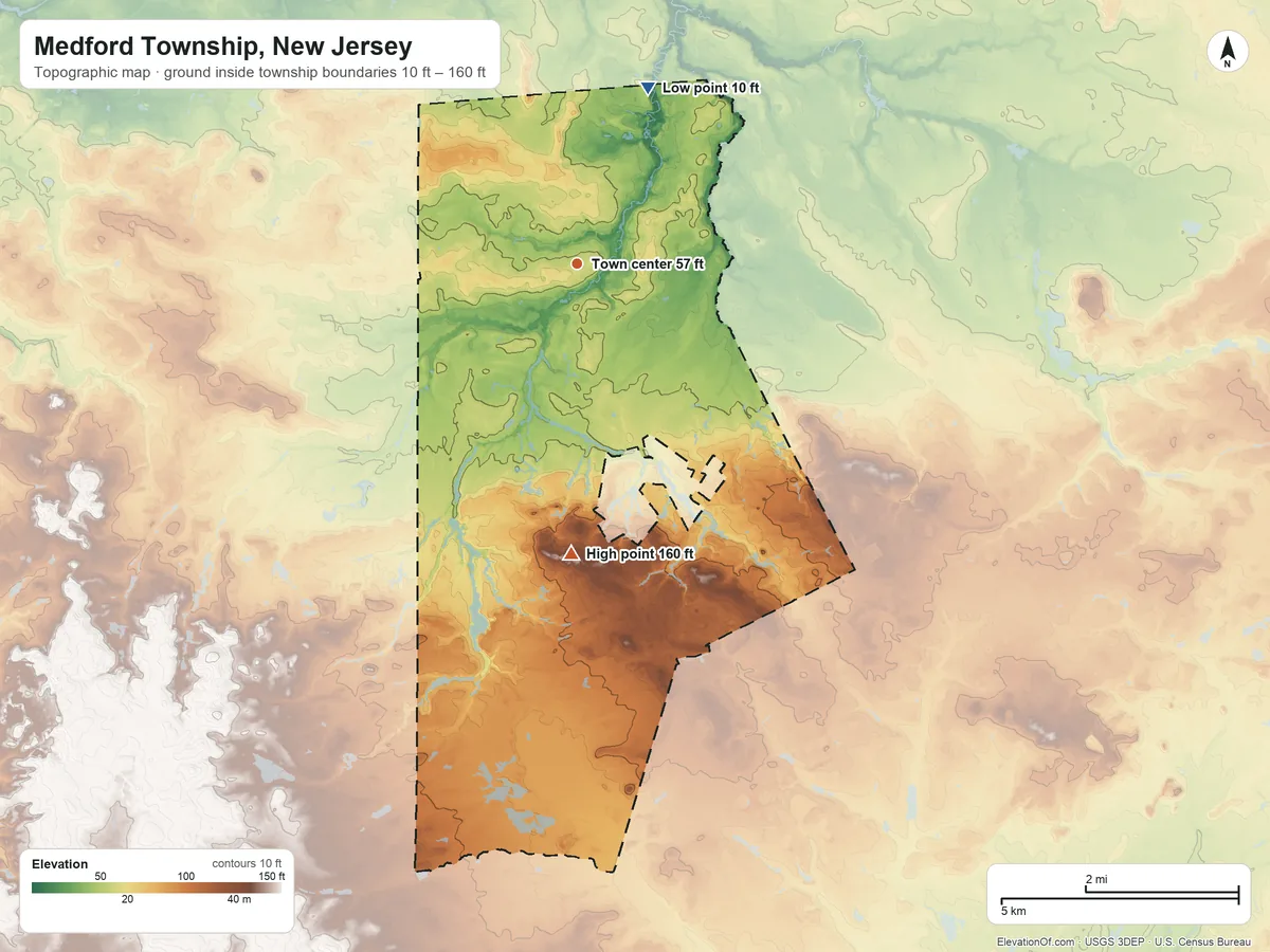 Topographic elevation map of Medford Township, New Jersey, shaded from 10 ft on the north side to 160 ft on Jackson Hill