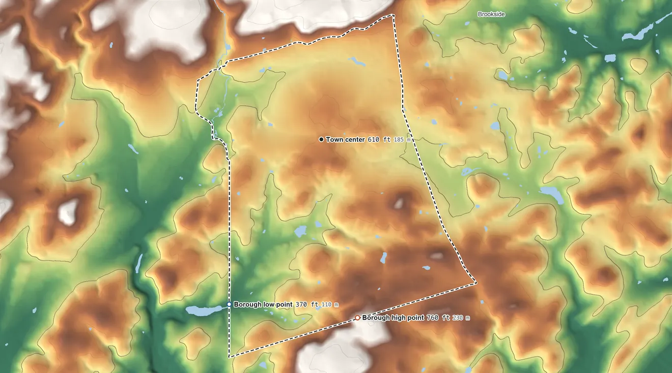 Topographic elevation map of Mendham, New Jersey, shaded from 370 ft on the southwest side to 760 ft on the south side