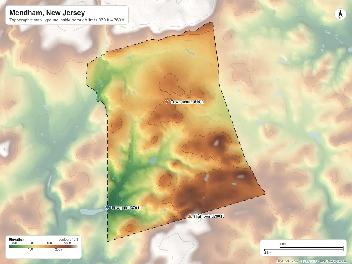 Topographic elevation map of Mendham, New Jersey, shaded from 370 ft on the southwest side to 760 ft on the south side