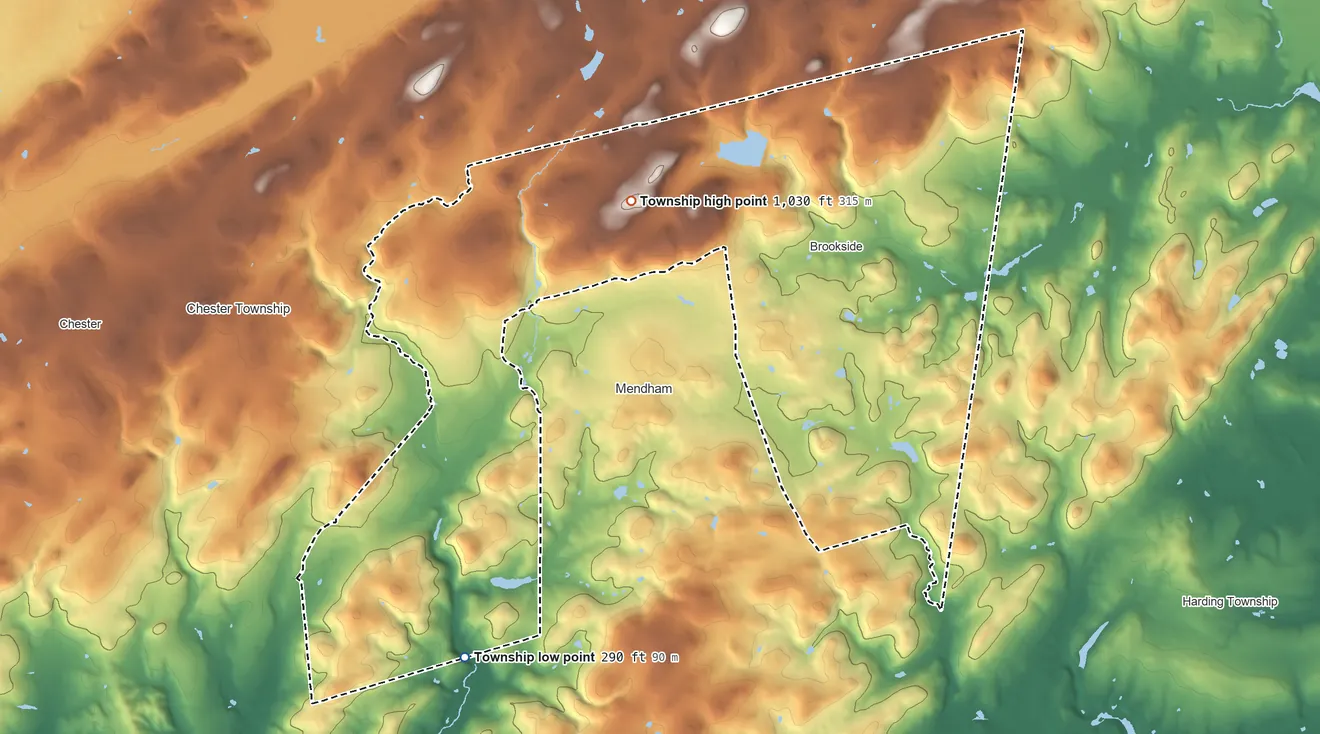 Topographic elevation map of Mendham Township, New Jersey, shaded from 290 ft on the southwest side to 1,030 ft on the northwest side