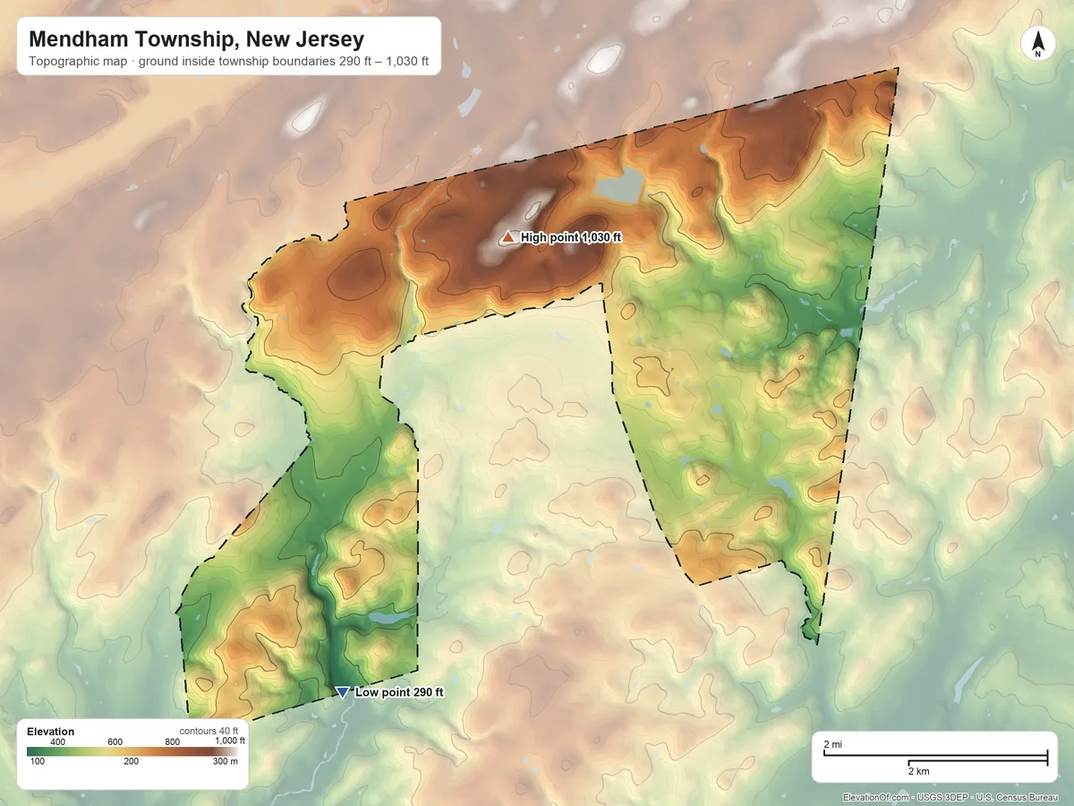 Topographic elevation map of Mendham Township, New Jersey, shaded from 290 ft on the southwest side to 1,030 ft on the northwest side