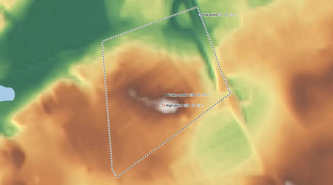 Topographic elevation map of Menlo Park Terrace, New Jersey, shaded from 52 ft on the north side to 150 ft near the middle