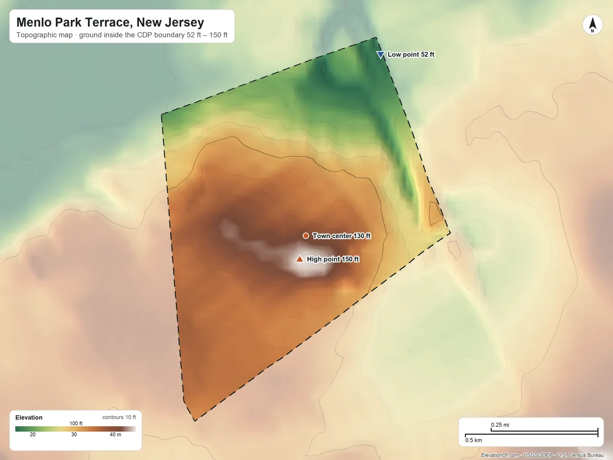 Topographic elevation map of Menlo Park Terrace, New Jersey, shaded from 52 ft on the north side to 150 ft near the middle