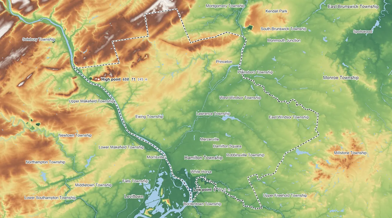 Topographic elevation map of Mercer County, New Jersey, shaded from 0 ft on the south side to 480 ft on Strawberry Hill