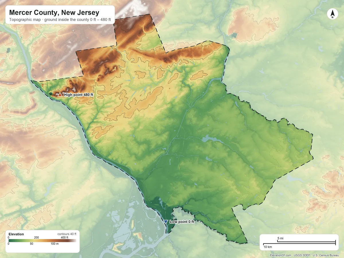 Topographic elevation map of Mercer County, New Jersey, shaded from 0 ft on the south side to 480 ft on Strawberry Hill