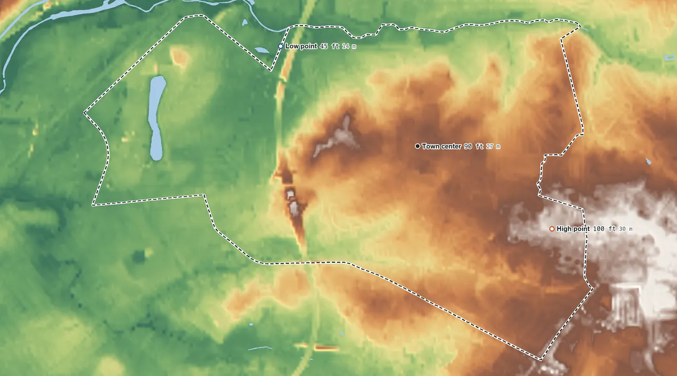 Topographic elevation map of Mercerville, New Jersey, shaded from 45 ft on the northwest side to 100 ft on the southeast side