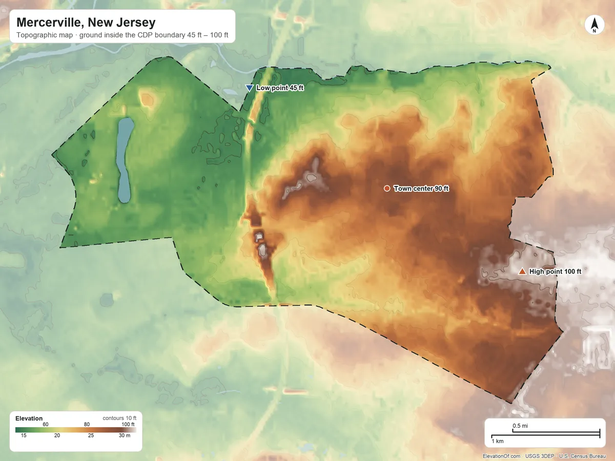 Topographic elevation map of Mercerville, New Jersey, shaded from 45 ft on the northwest side to 100 ft on the southeast side