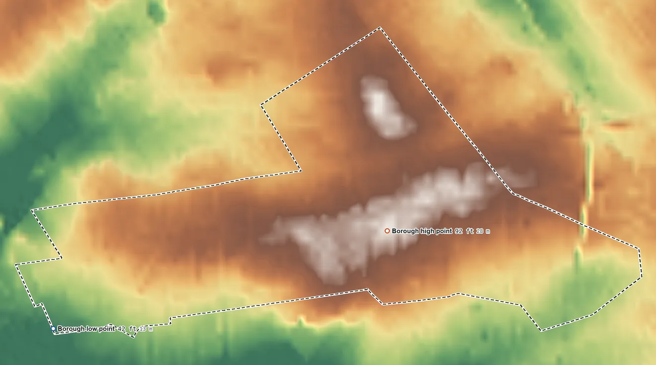 Topographic elevation map of Merchantville, New Jersey, shaded from 42 ft on the west side to 92 ft near the middle