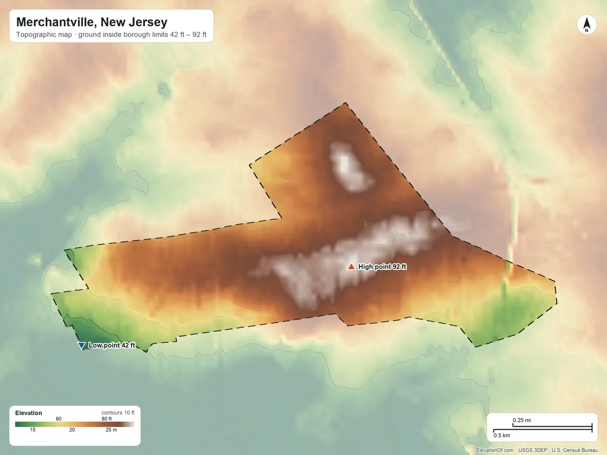 Topographic elevation map of Merchantville, New Jersey, shaded from 42 ft on the west side to 92 ft near the middle
