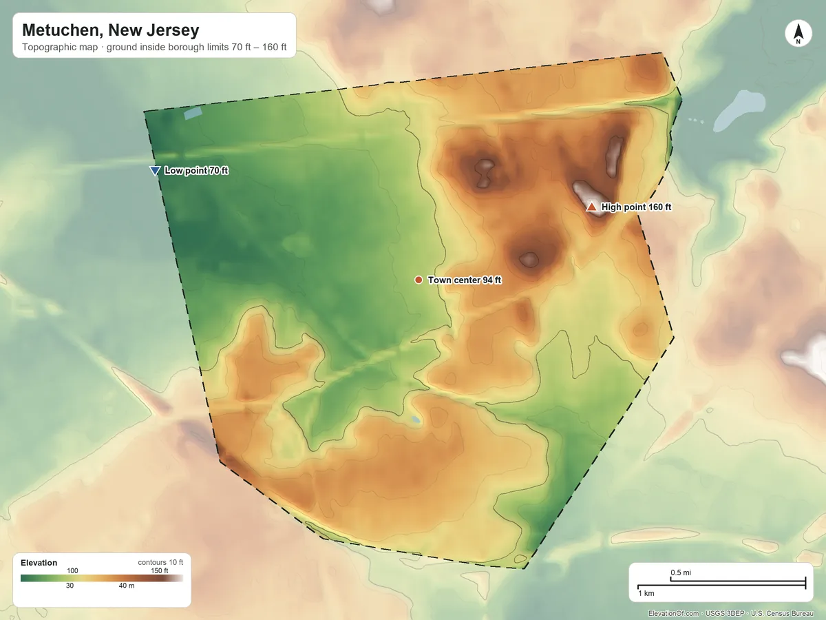 Topographic elevation map of Metuchen, New Jersey, shaded from 70 ft on the northwest side to 160 ft on the northeast side