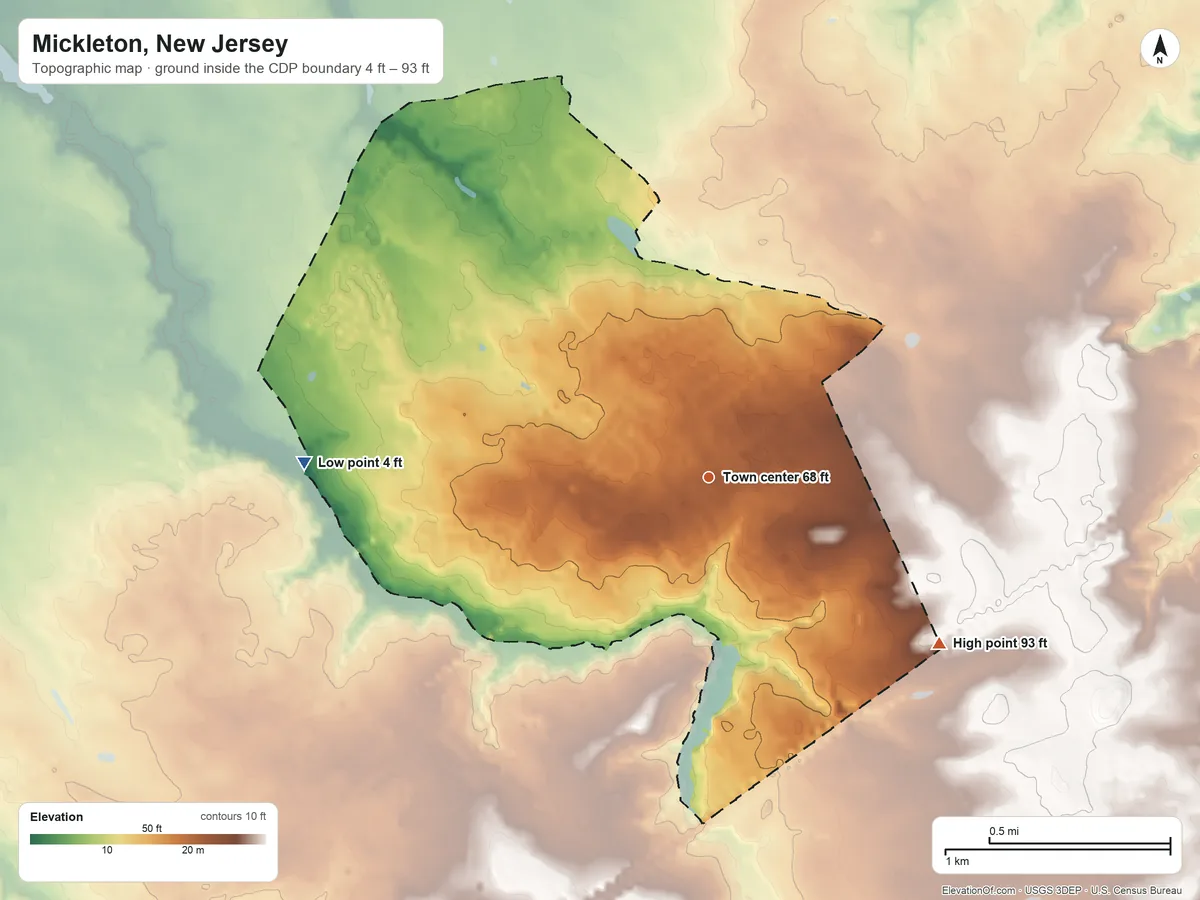 Topographic elevation map of Mickleton, New Jersey, shaded from 4 ft on the west side to 93 ft on the southeast side