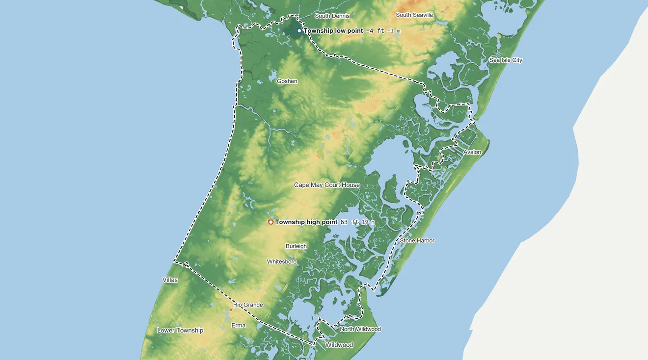 Topographic elevation map of Middle Township, New Jersey, shaded from −4 ft on the north side to 63 ft near the middle