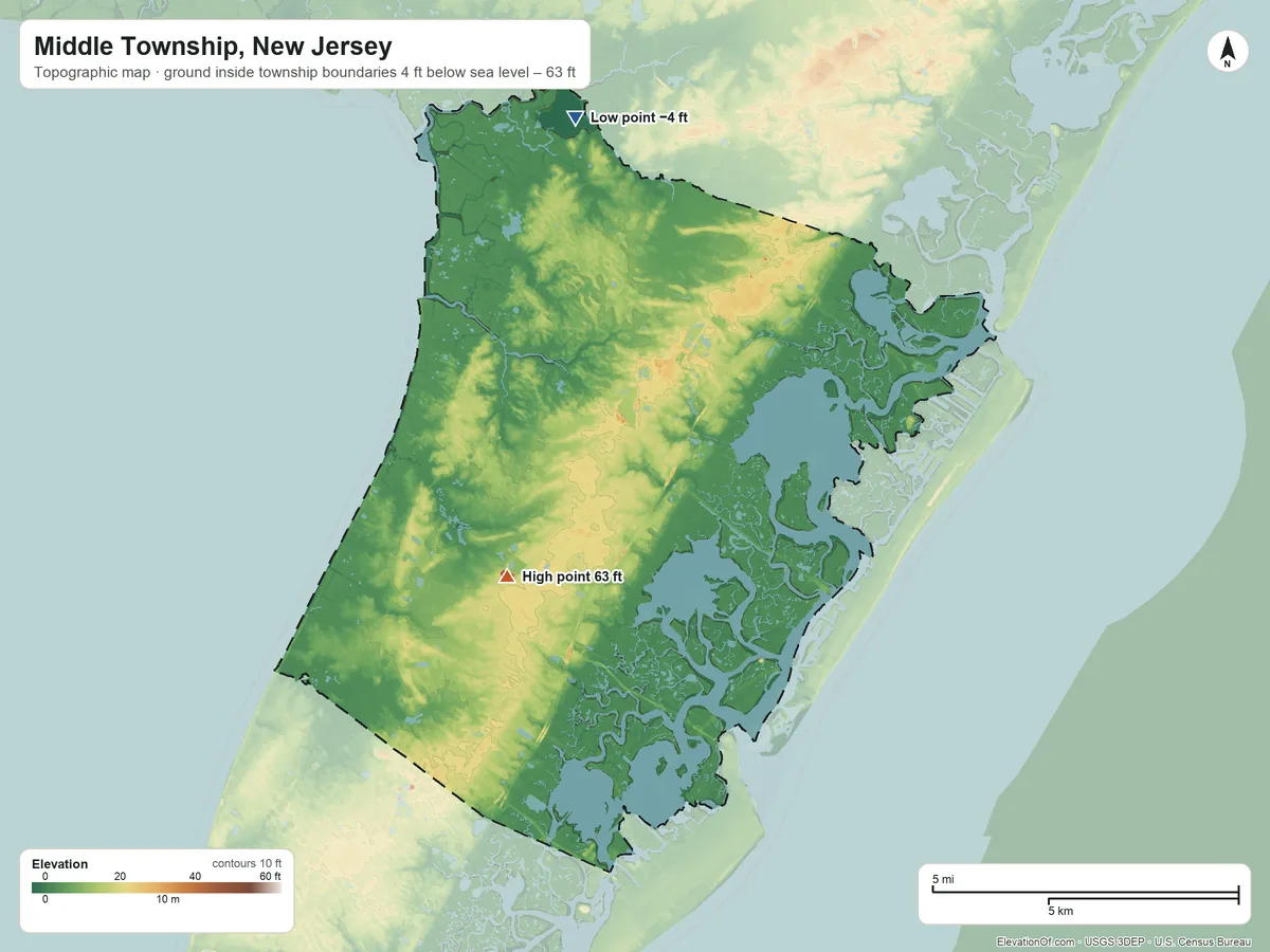 Topographic elevation map of Middle Township, New Jersey, shaded from −4 ft on the north side to 63 ft near the middle