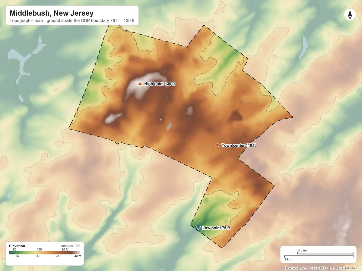 Topographic elevation map of Middlebush, New Jersey, shaded from 76 ft on the south side to 130 ft on the northwest side