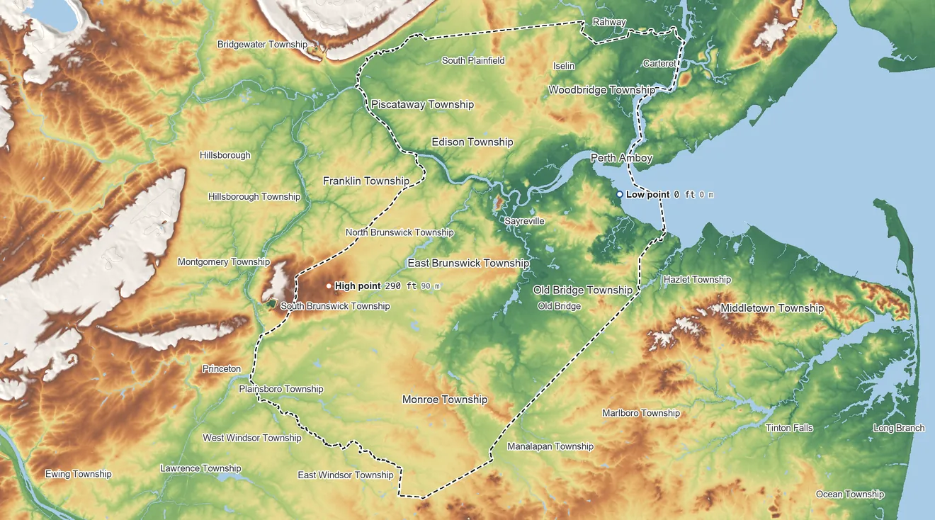Topographic elevation map of Middlesex County, New Jersey, shaded from sea level on Raritan Bay to 290 ft on the west side