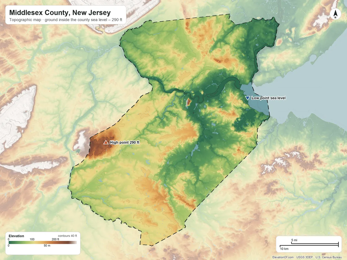 Topographic elevation map of Middlesex County, New Jersey, shaded from sea level on Raritan Bay to 290 ft on the west side