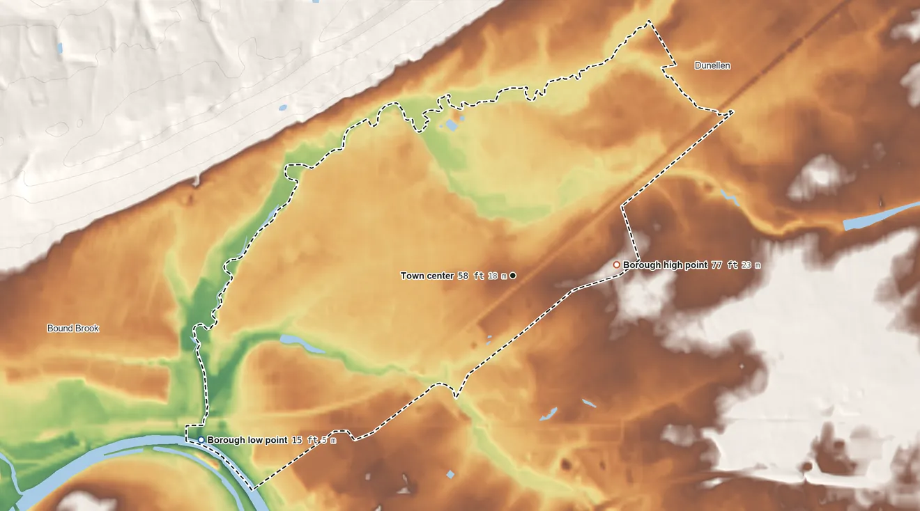 Topographic elevation map of Middlesex, New Jersey, shaded from 15 ft on the southwest side to 77 ft on the east edge, below higher ground just outside