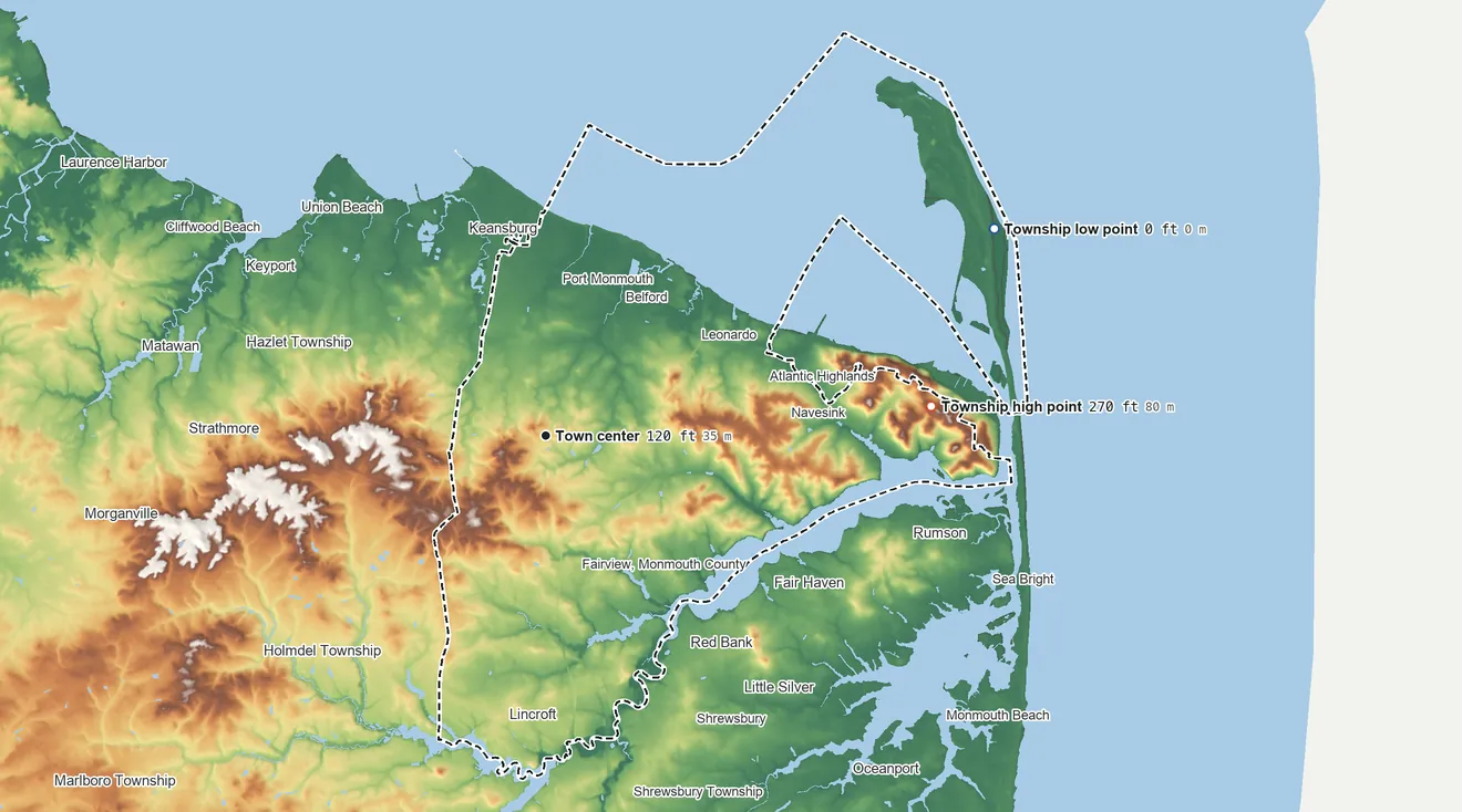 Topographic elevation map of Middletown Township, New Jersey, shaded from sea level level on Sandy Hook Bay to 270 ft on Highlands of Navesink