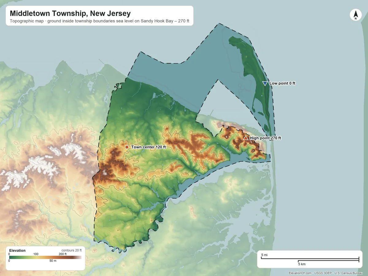 Topographic elevation map of Middletown Township, New Jersey, shaded from sea level level on Sandy Hook Bay to 270 ft on Highlands of Navesink