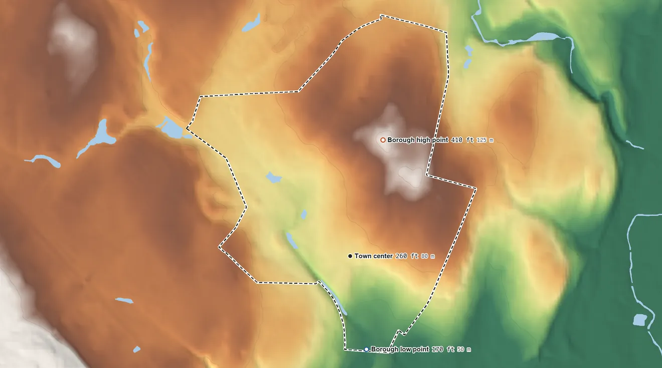 Topographic elevation map of Midland Park, New Jersey, shaded from 170 ft on the south side to 410 ft on the north side