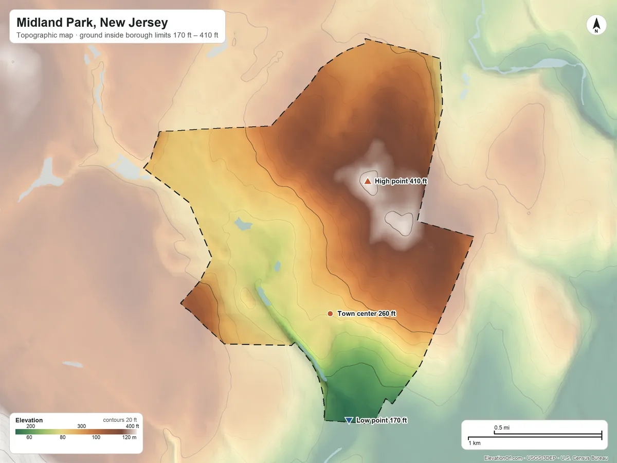 Topographic elevation map of Midland Park, New Jersey, shaded from 170 ft on the south side to 410 ft on the north side