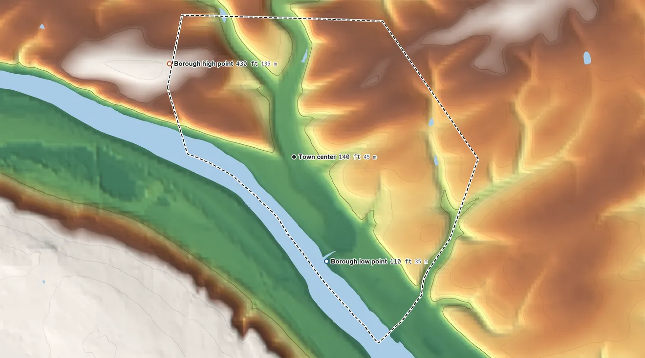 Topographic elevation map of Milford, New Jersey, shaded from 110 ft on the south side to 430 ft on the northwest side
