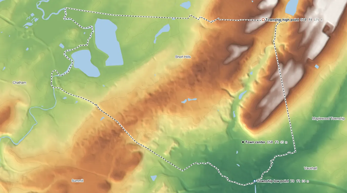 Topographic elevation map of Millburn Township, New Jersey, shaded from 79 ft on the south side to 570 ft on the north side
