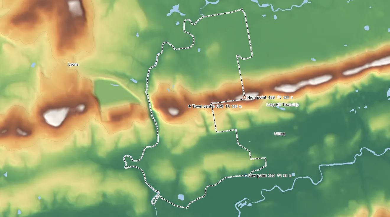 Topographic elevation map of Millington, New Jersey, shaded from 210 ft on the southeast side to 420 ft on the east side