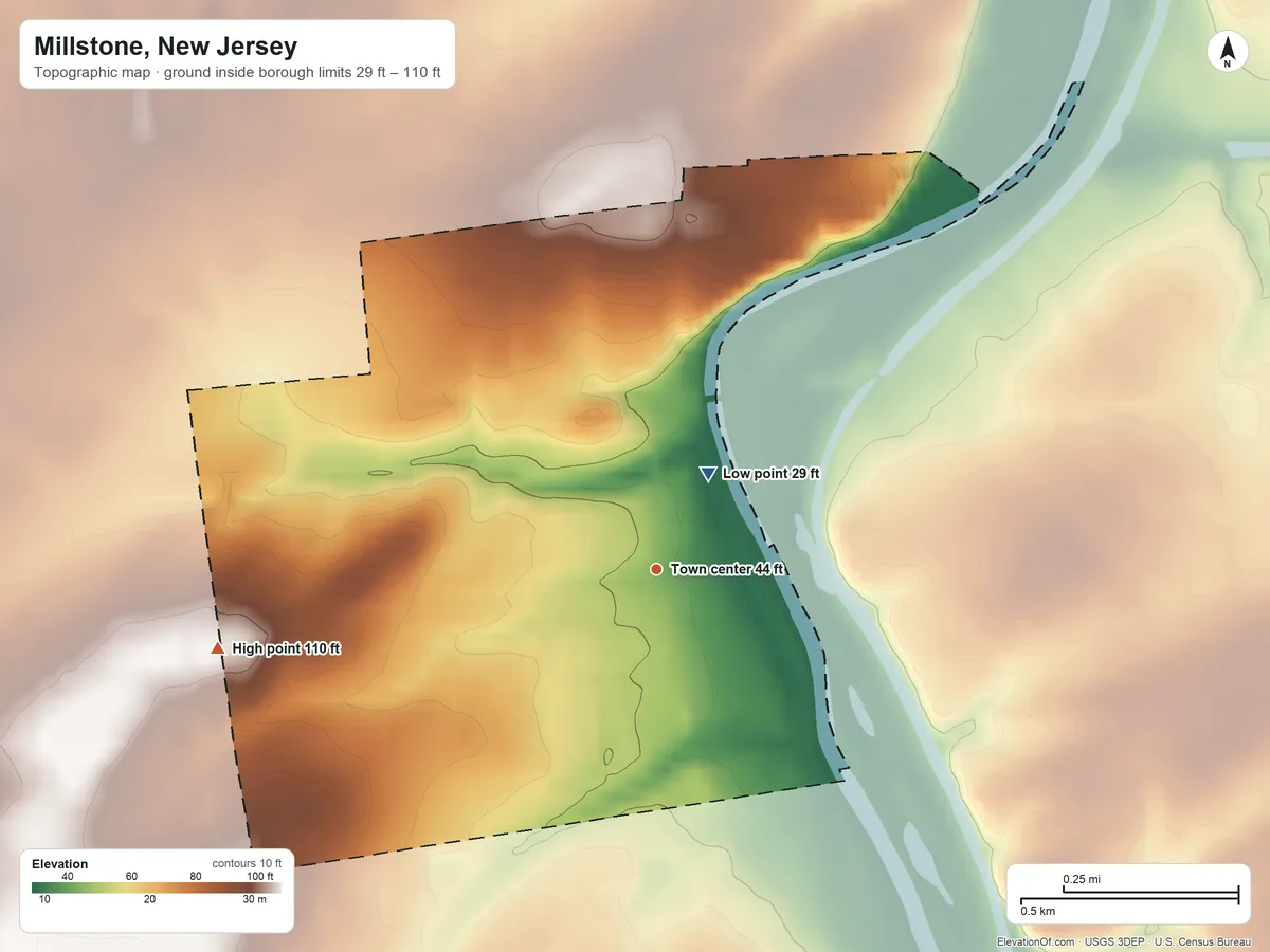 Topographic elevation map of Millstone, New Jersey, shaded from 29 ft near the middle to 110 ft on the west side