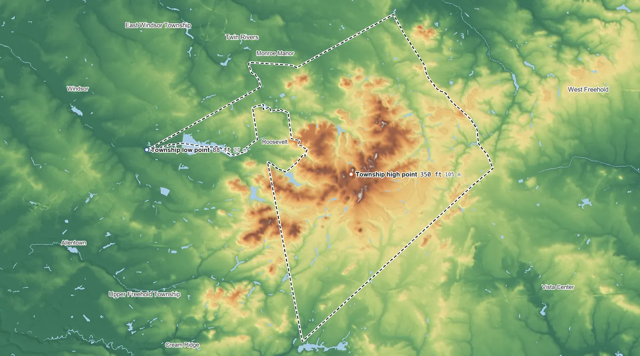 Topographic elevation map of Millstone Township, New Jersey, shaded from 88 ft on the west side to 350 ft near the middle