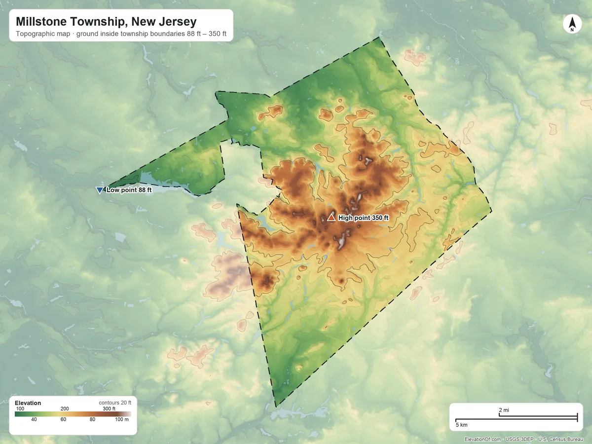 Topographic elevation map of Millstone Township, New Jersey, shaded from 88 ft on the west side to 350 ft near the middle