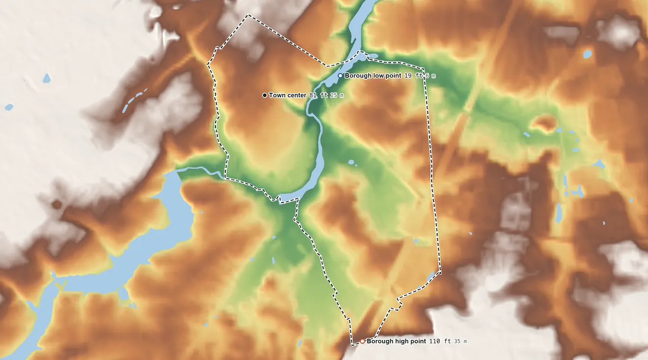 Topographic elevation map of Milltown, New Jersey, shaded from 19 ft on the east side to 110 ft on the south side