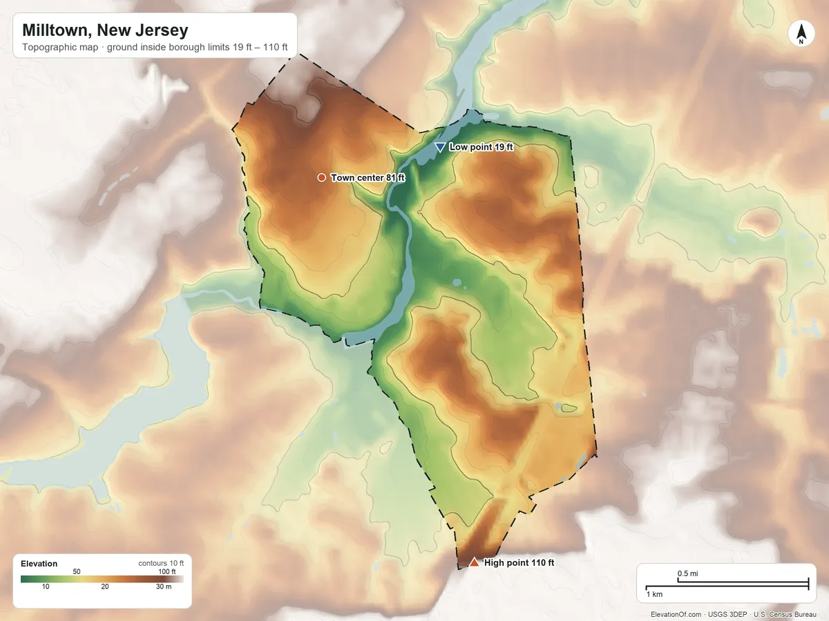 Topographic elevation map of Milltown, New Jersey, shaded from 19 ft on the east side to 110 ft on the south side