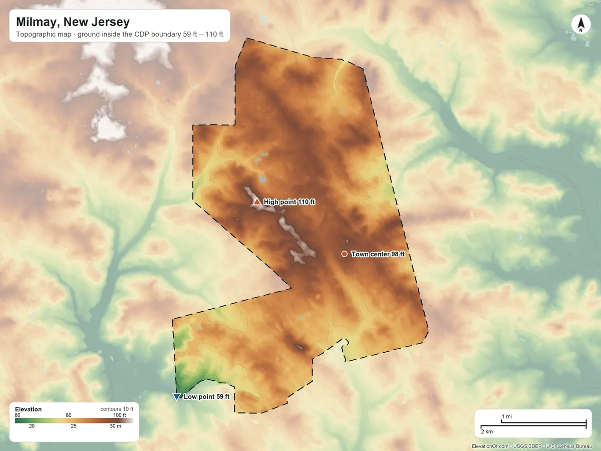Topographic elevation map of Milmay, New Jersey, shaded from 59 ft on the southwest side to 110 ft on the northwest side
