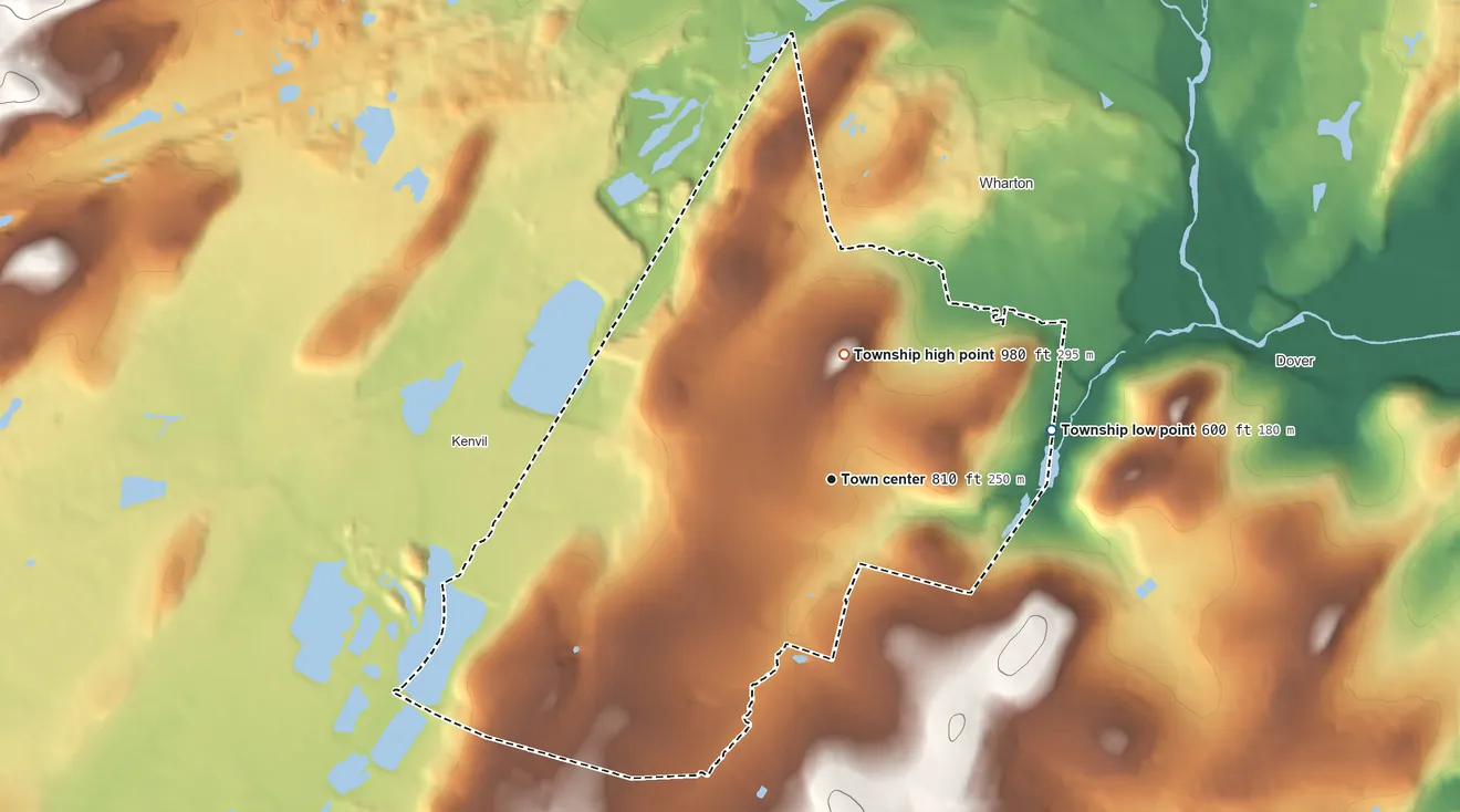 Topographic elevation map of Mine Hill Township, New Jersey, shaded from 600 ft on the east side to 980 ft on Randall Hill