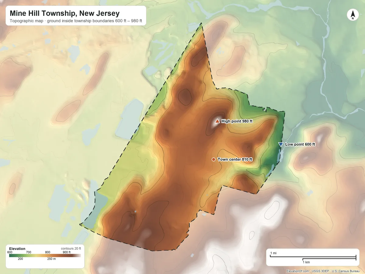 Topographic elevation map of Mine Hill Township, New Jersey, shaded from 600 ft on the east side to 980 ft on Randall Hill