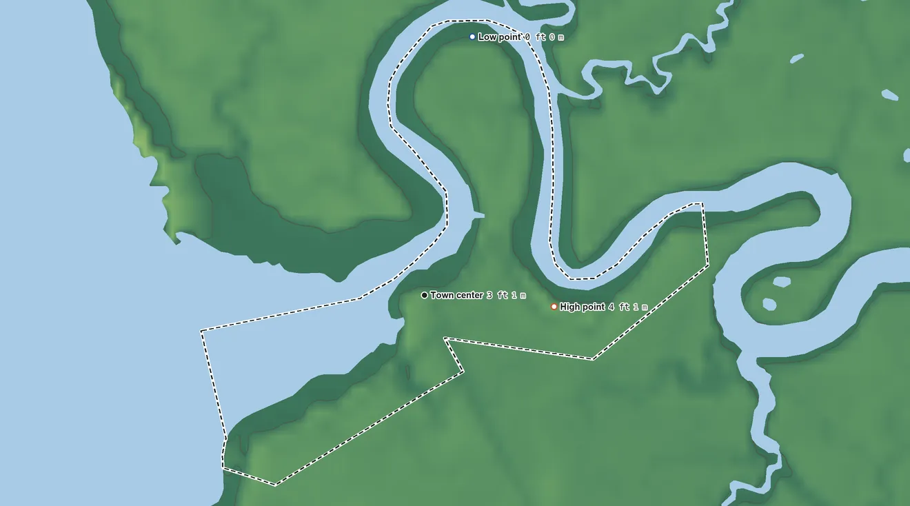 Topographic elevation map of Money Island, New Jersey, shaded from sea level level on Nantuxent Cove to 4 ft on the east side