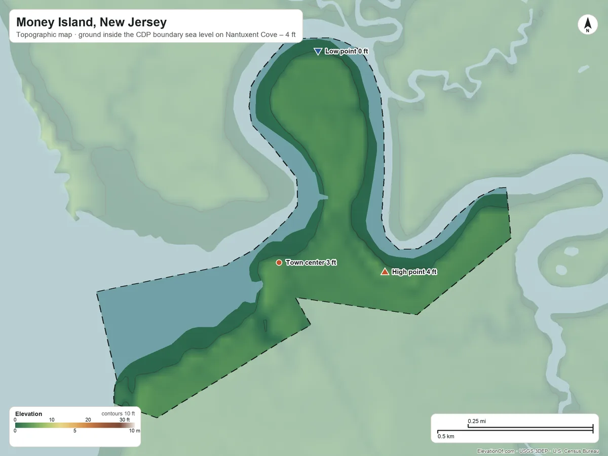 Topographic elevation map of Money Island, New Jersey, shaded from sea level level on Nantuxent Cove to 4 ft on the east side