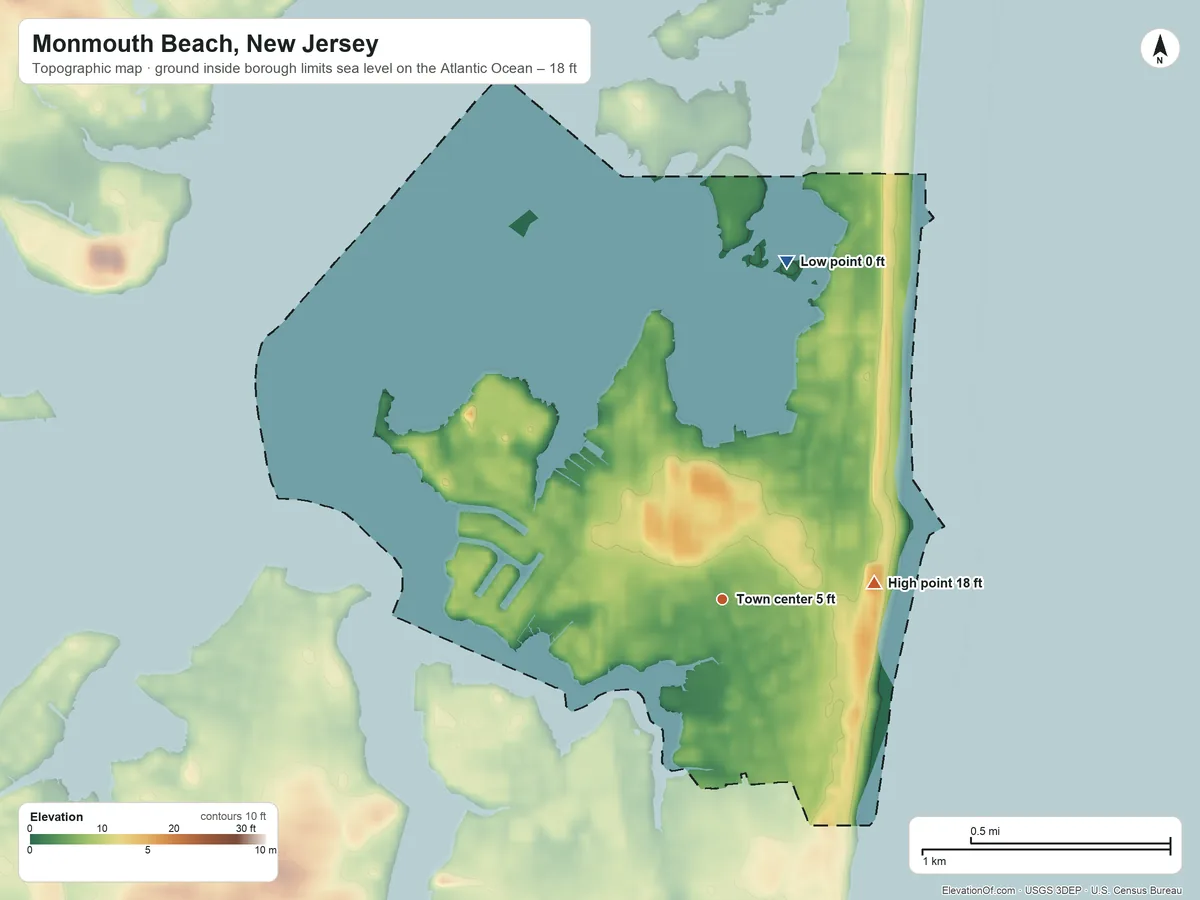 Topographic elevation map of Monmouth Beach, New Jersey, shaded from sea level level on the Atlantic Ocean to 18 ft on the east side