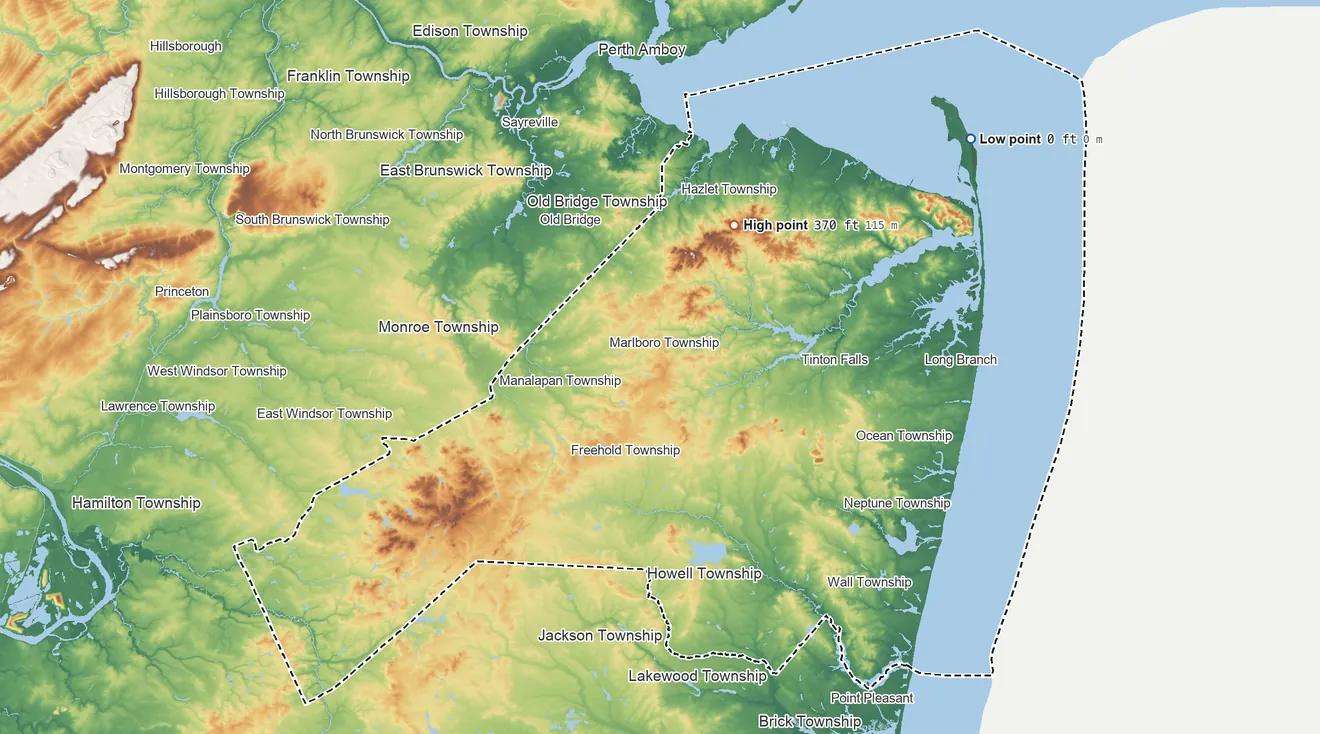 Topographic elevation map of Monmouth County, New Jersey, shaded from sea level on Sandy Hook Bay to 370 ft on Crawford Hill