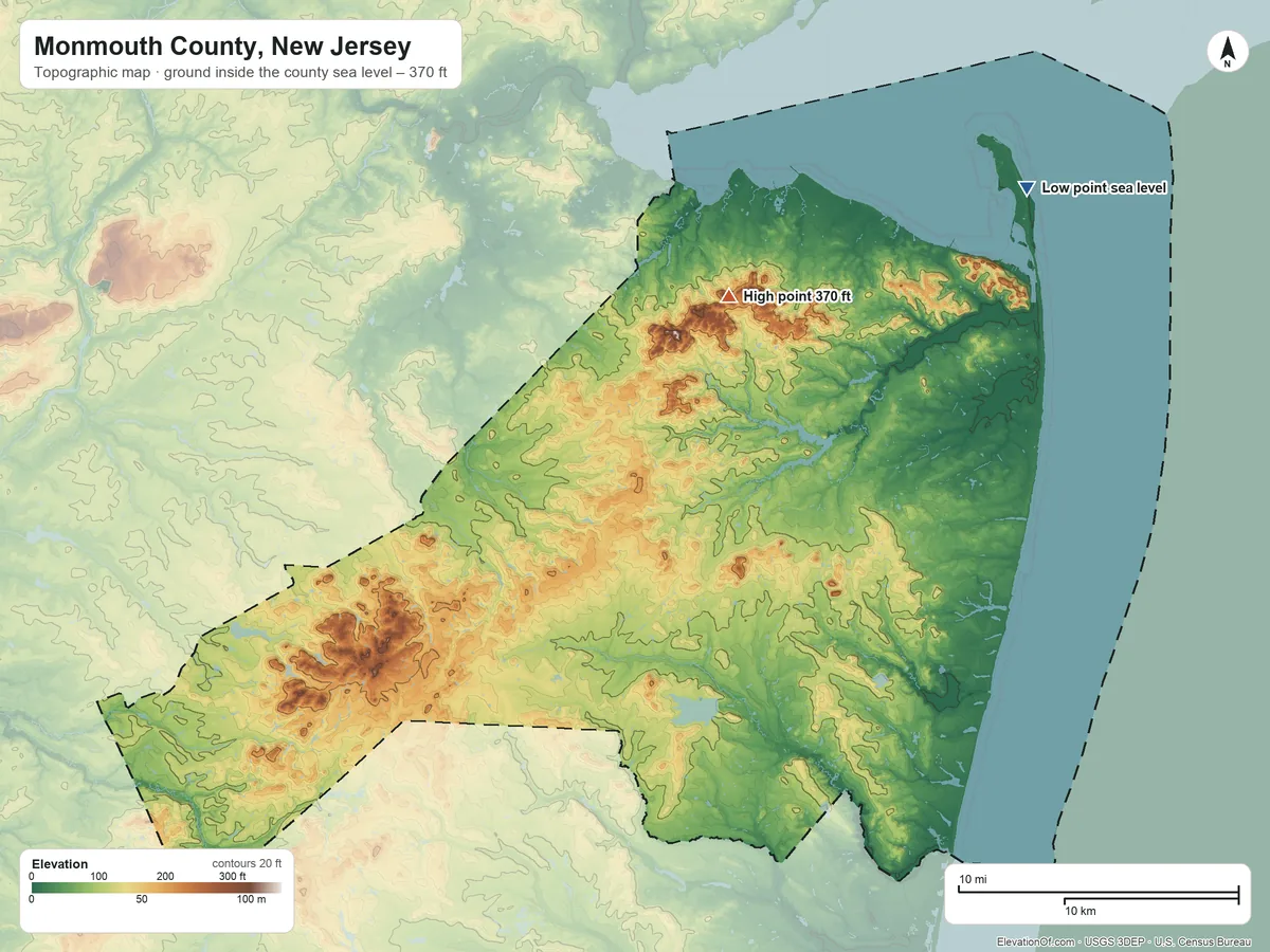 Topographic elevation map of Monmouth County, New Jersey, shaded from sea level on Sandy Hook Bay to 370 ft on Crawford Hill
