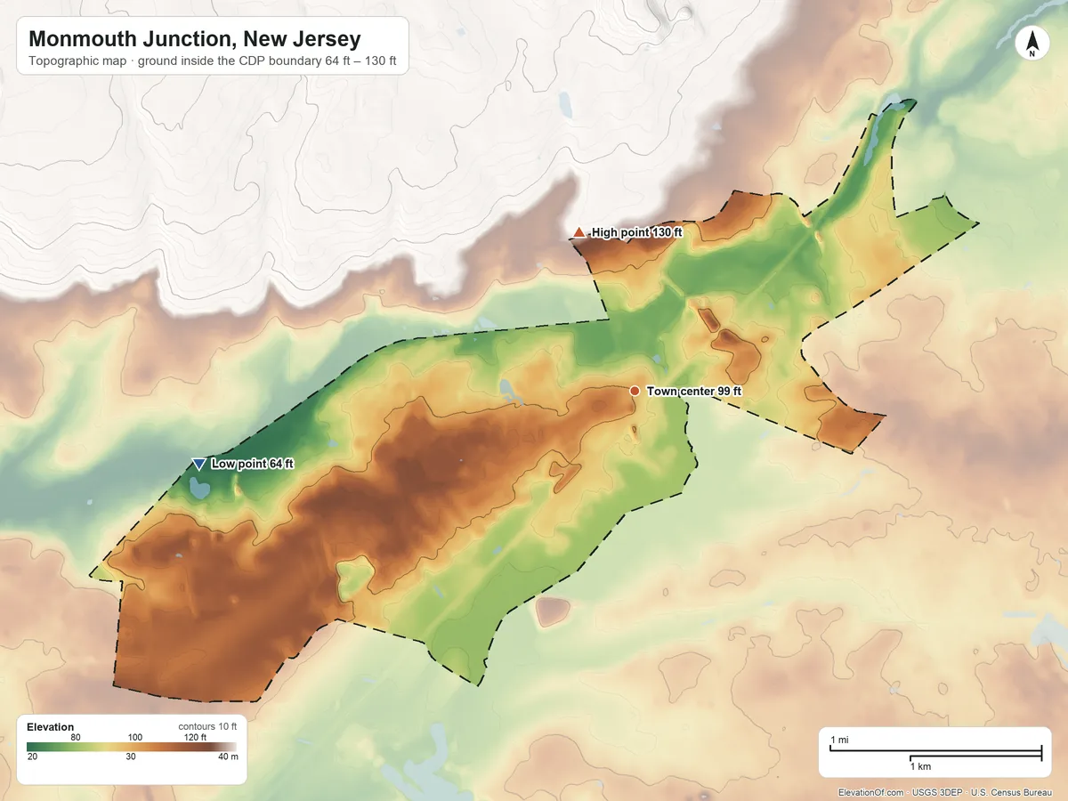 Topographic elevation map of Monmouth Junction, New Jersey, shaded from 64 ft on the west side to 130 ft on the north side