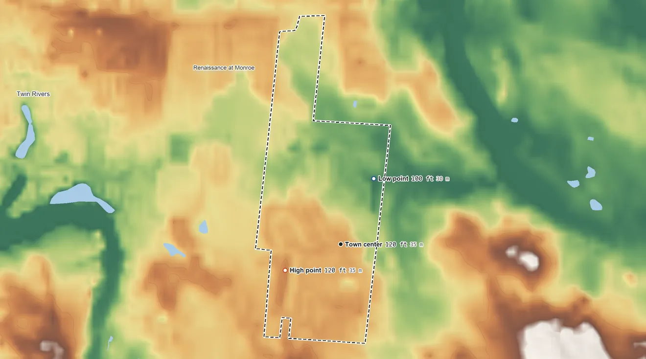Topographic elevation map of Monroe Manor, New Jersey, shaded from 100 ft on the northeast side to 120 ft on the southwest side