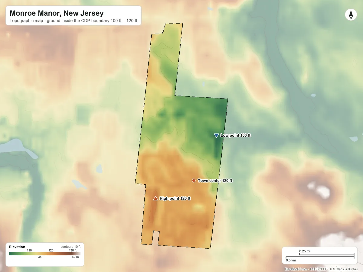 Topographic elevation map of Monroe Manor, New Jersey, shaded from 100 ft on the northeast side to 120 ft on the southwest side